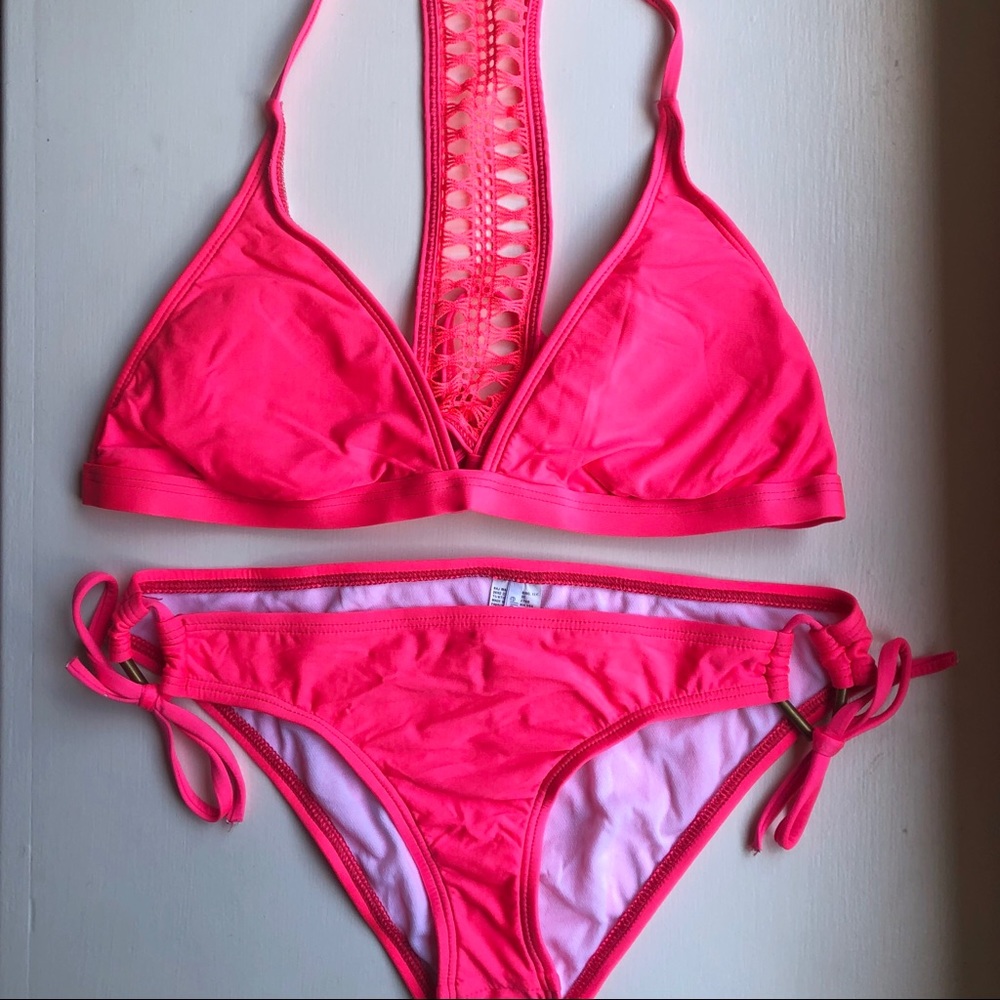 Ella Moss Pink Triangle Crochet Halter Bikini Set